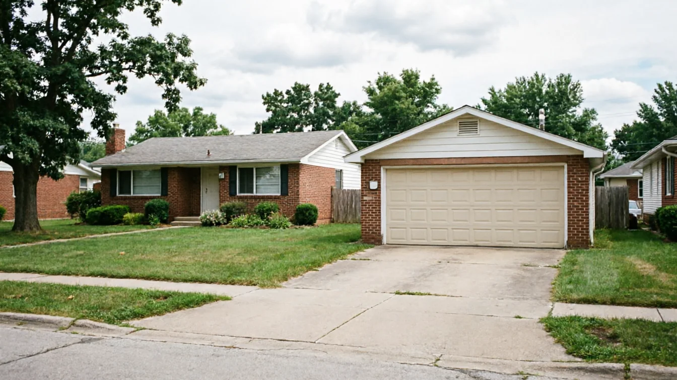 A beige garage door is on a brick house with a white gable.