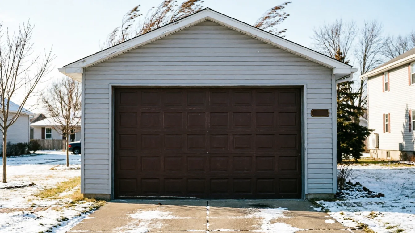 The brown garage door is on a light gray garage with snow on the ground.