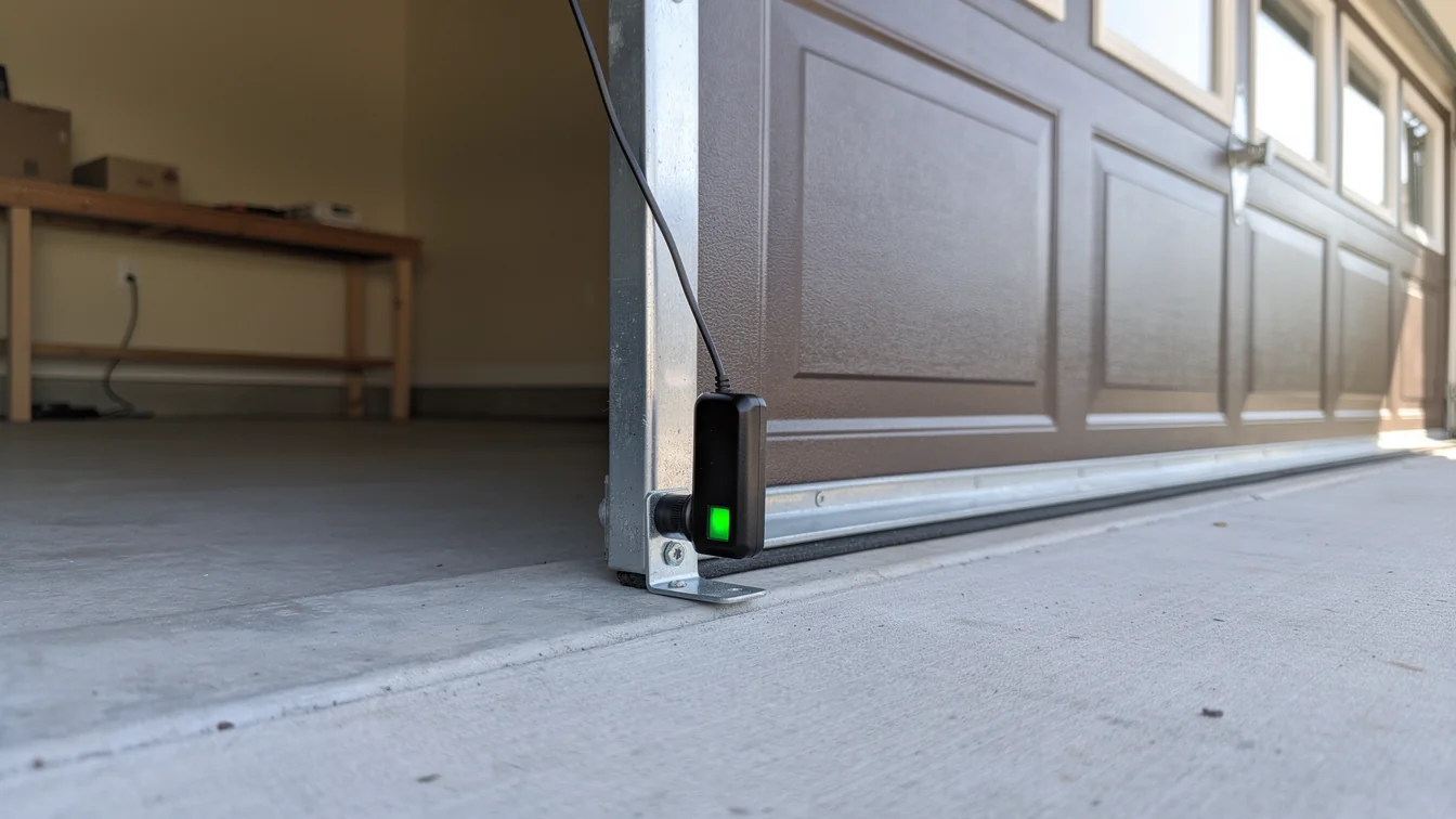 A brown garage door is open with a safety sensor showing a green light.