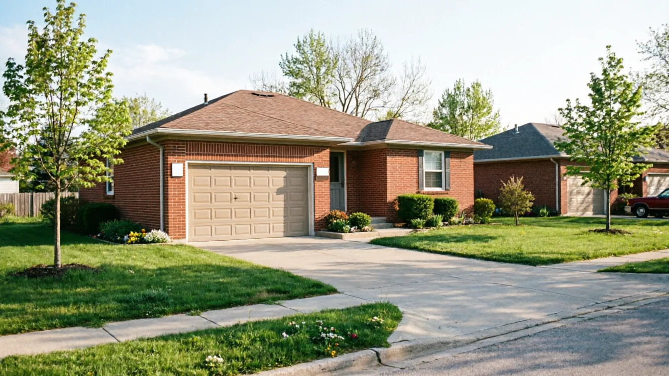 A red brick house has a tan garage door and a brown roof.